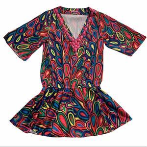 RACHEL LYM Colorful Patterned Beaded Short Sleeve Mini Dress XS